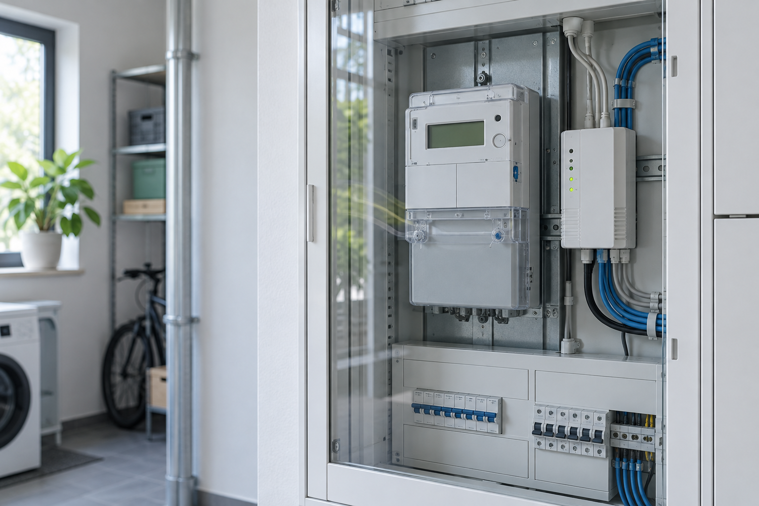 Moderner Zählerschrank mit digitalem Stromzähler und Smart-Meter-Gateway